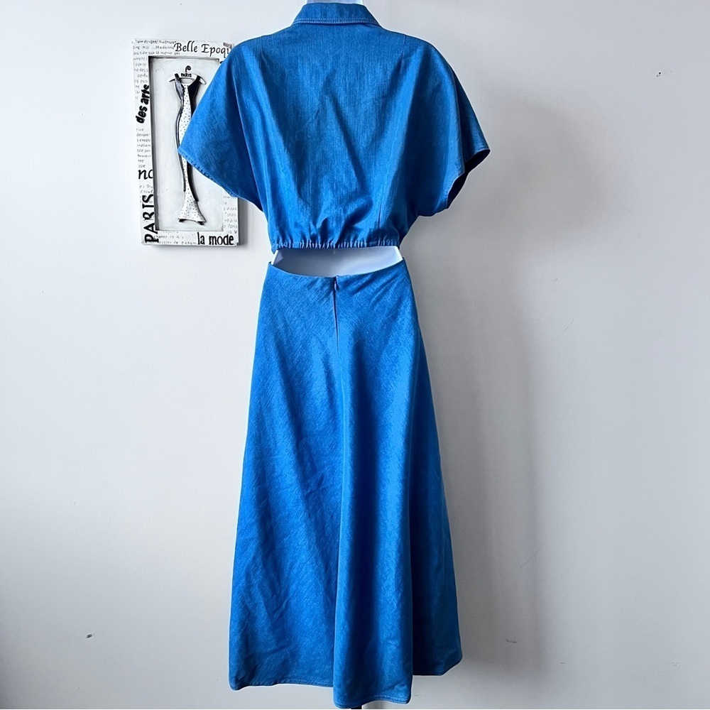NWT AKRIS PUNTO Minimalist Washed Denim Midi Dress Cutout Kimono Sleeves Size 8 - Picture 7 of 14